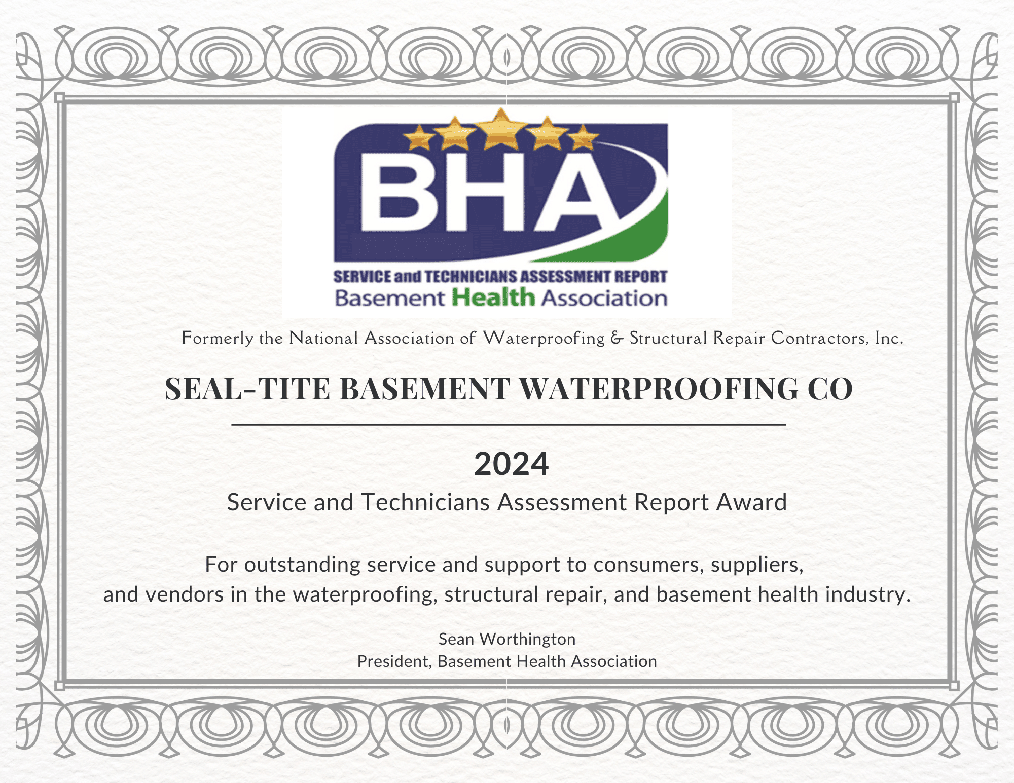2024 BHA Star Award — Seal-Tite Basement Waterproofing